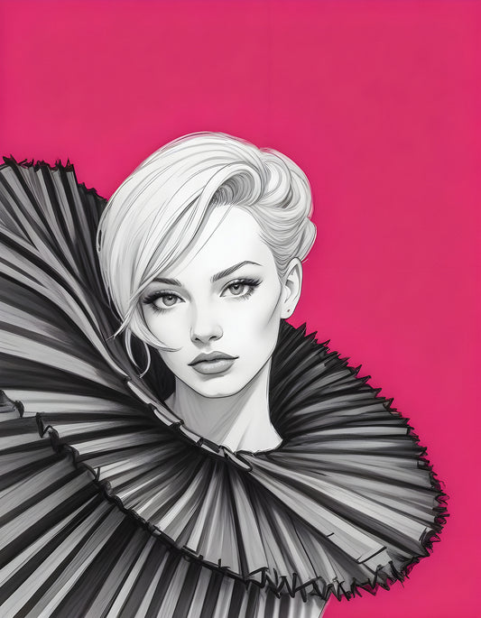 Elegant woman with a dramatic black and white ruffled collar set against a vibrant pink background in a stylish illustration