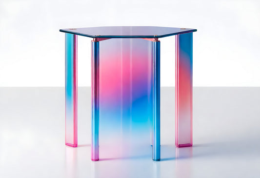 Colorful hexagon table with transparent legs showcasing a gradient design in modern decor setting