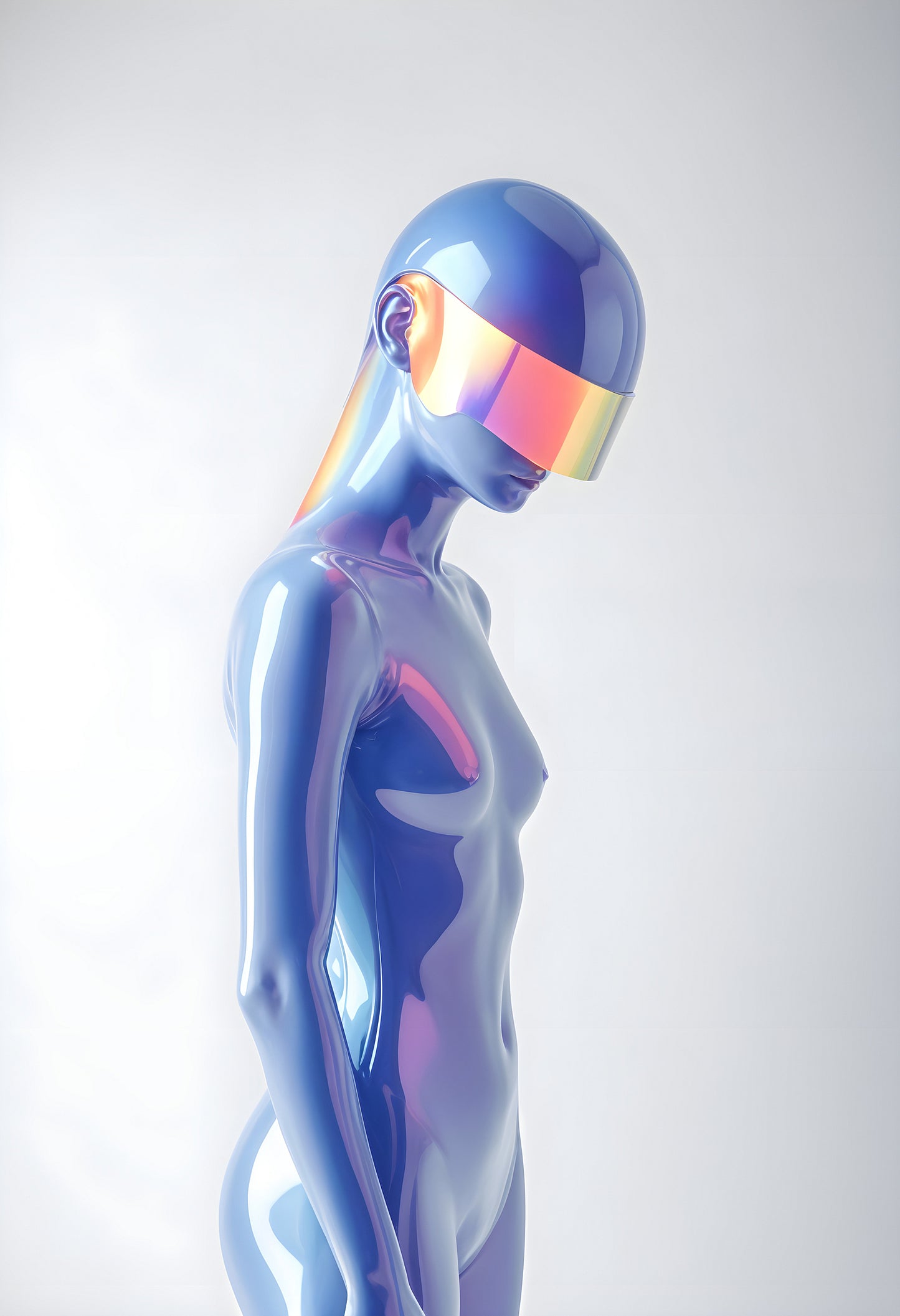 A futuristic mannequin with a sleek design and reflective visor stands against a light background, showcasing modern aesthetics and style