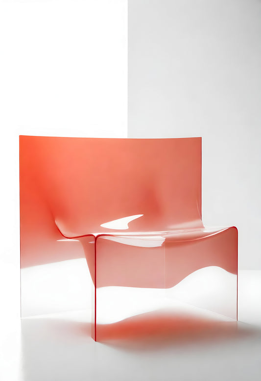 Modern lightweight chair design in translucent red, showcased in minimalistic white studio setting during daytime