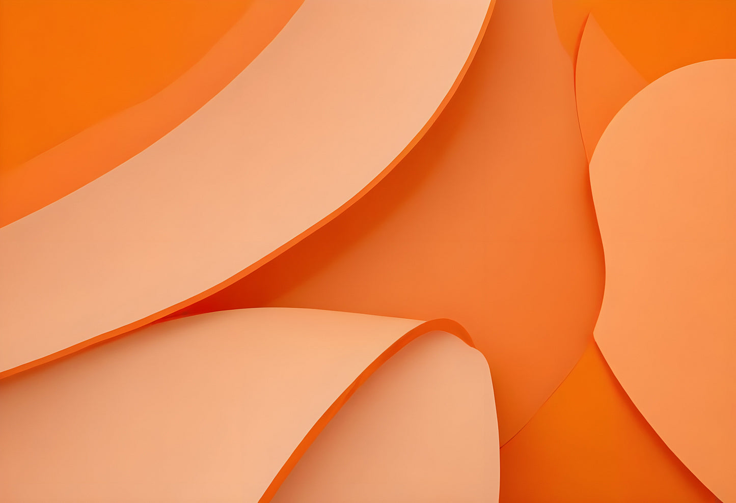 Abstract composition of curved orange paper shapes overlapping on a bright orange background. Generative AI