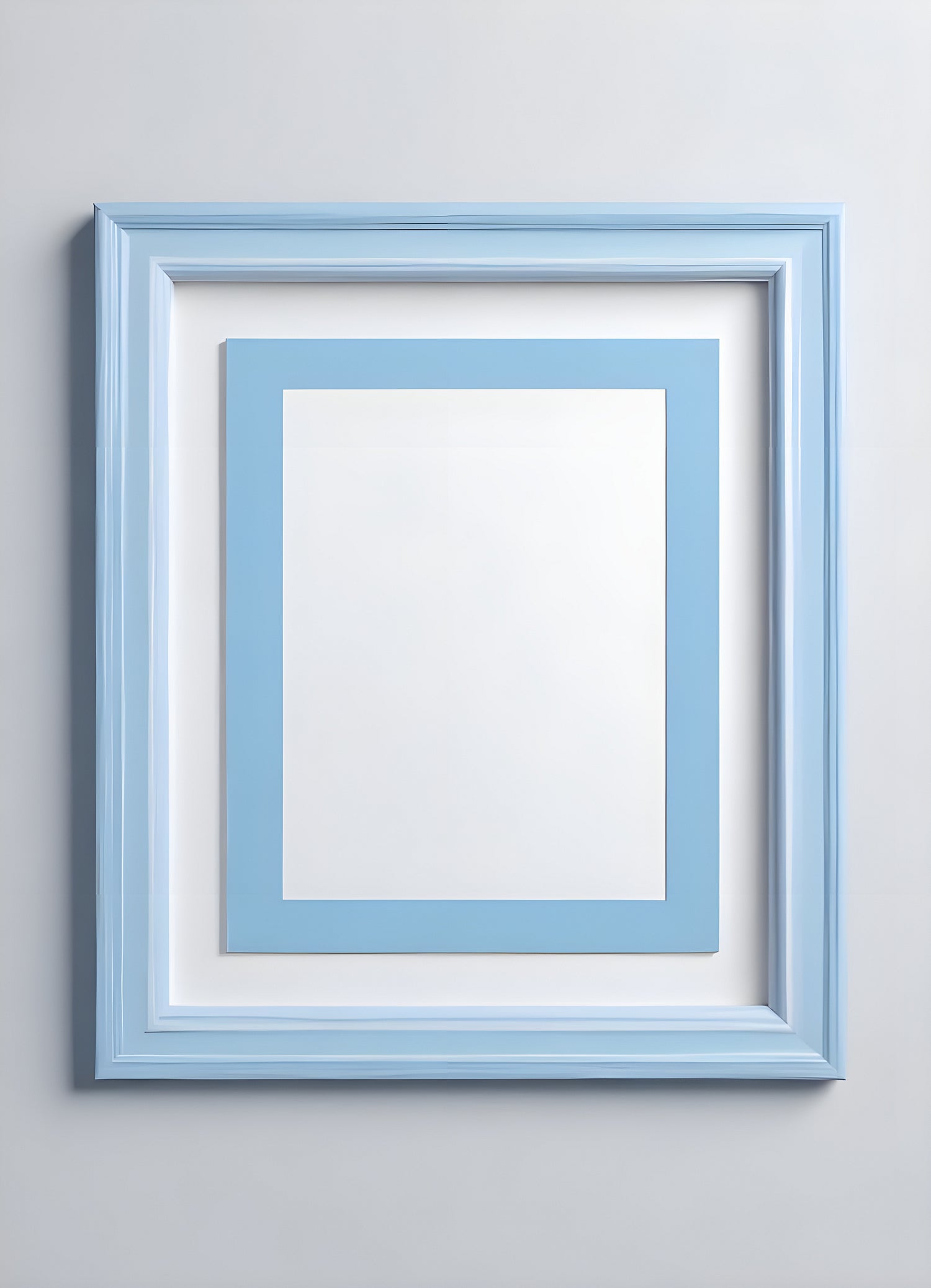 A stylish blue-framed artwork display against a plain white wall, showcasing contemporary design principles in interior decor