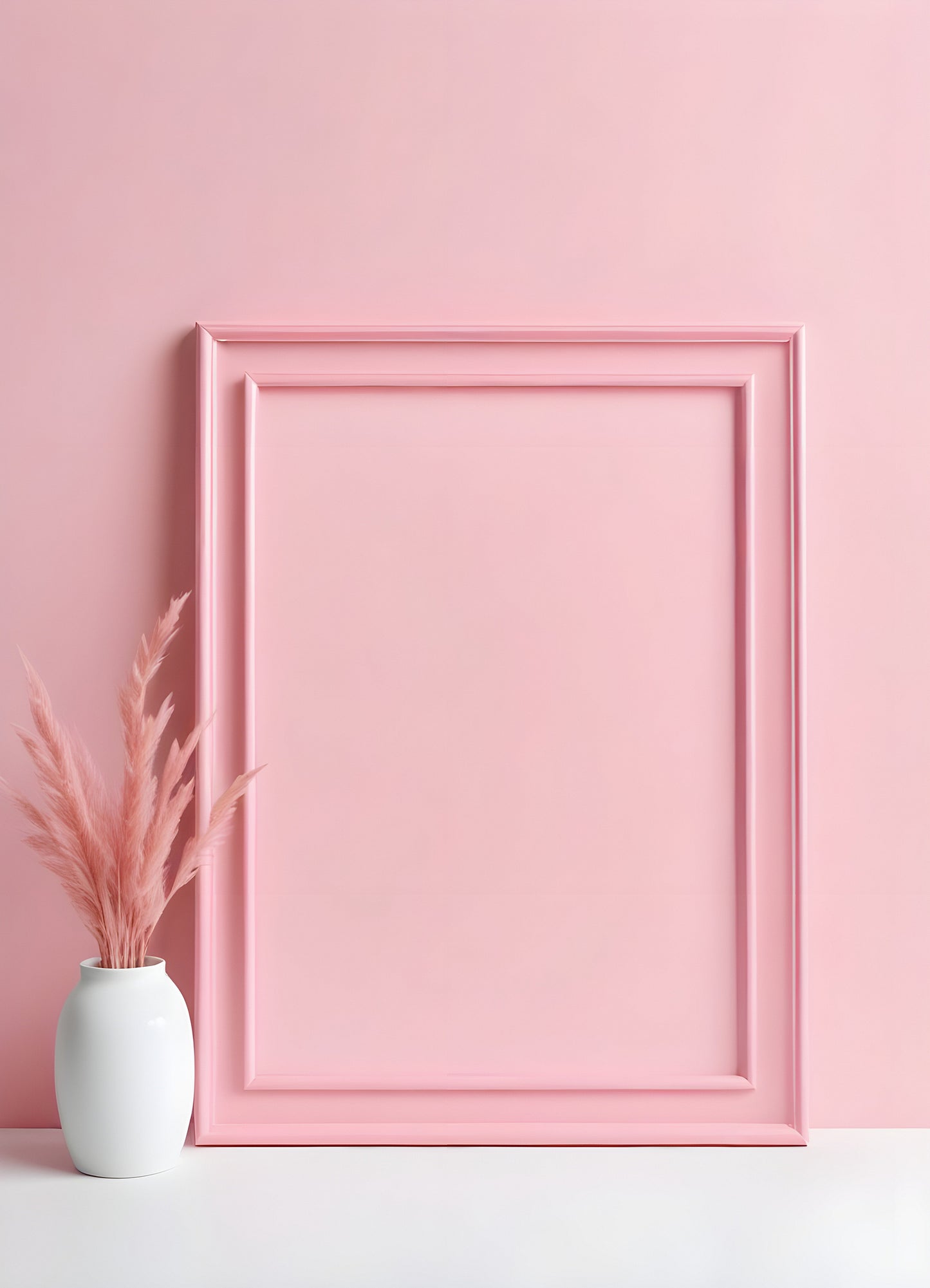 Elegant pink wall with a blank framed picture space and delicate pampas grass in a white vase