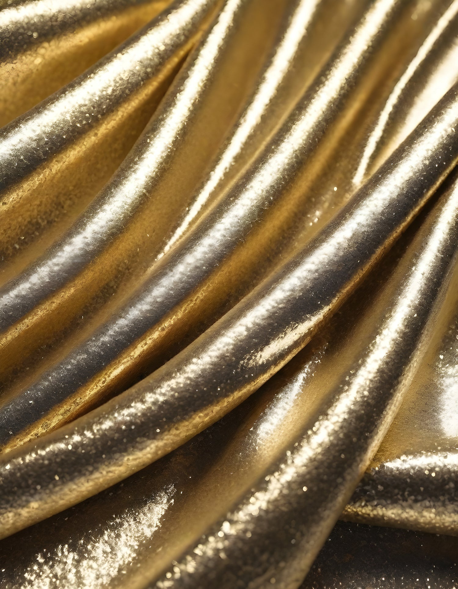 Metallic golden and silver fabric creates elegant textures with intricate folds and reflections under soft lighting