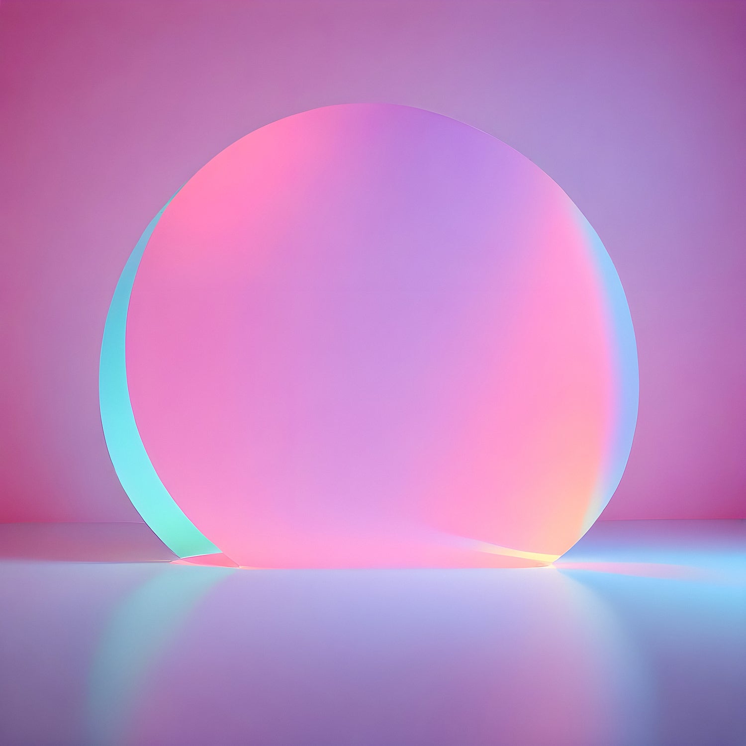 A colorful translucent orb illuminated against a soft pink background in a modern artistic space featuring a gradient of hues