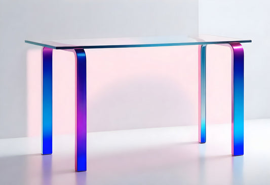 Modern glass console table with vibrant blue and purple legs, perfect for contemporary interiors and striking decor accents