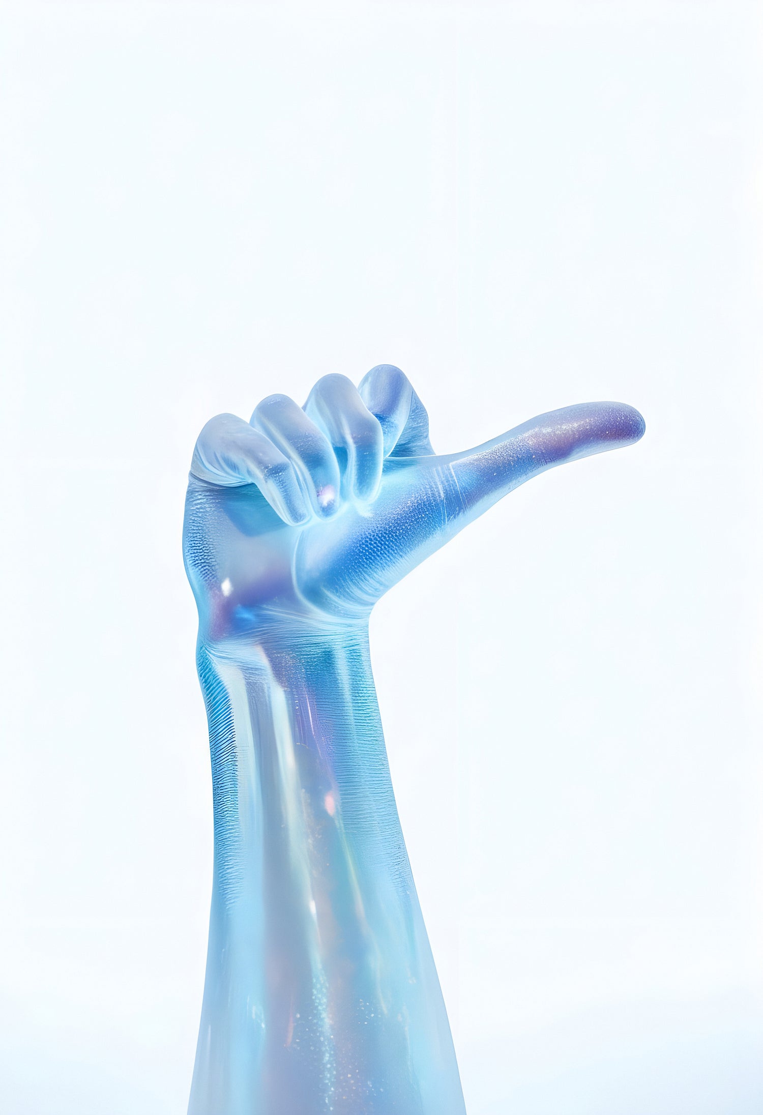 A glossy blue hand gesture demonstrating a thumbs up signal against a clean white background in bright natural light