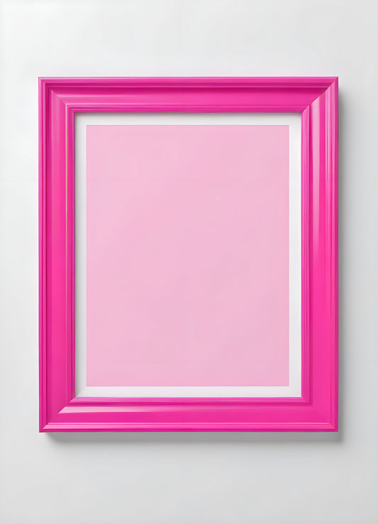 Bright pink empty frame stands against a white wall, inviting creativity and personal expression