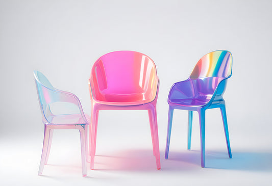 Colorful transparent chairs showcased in a modern setting with soft ambient lighting