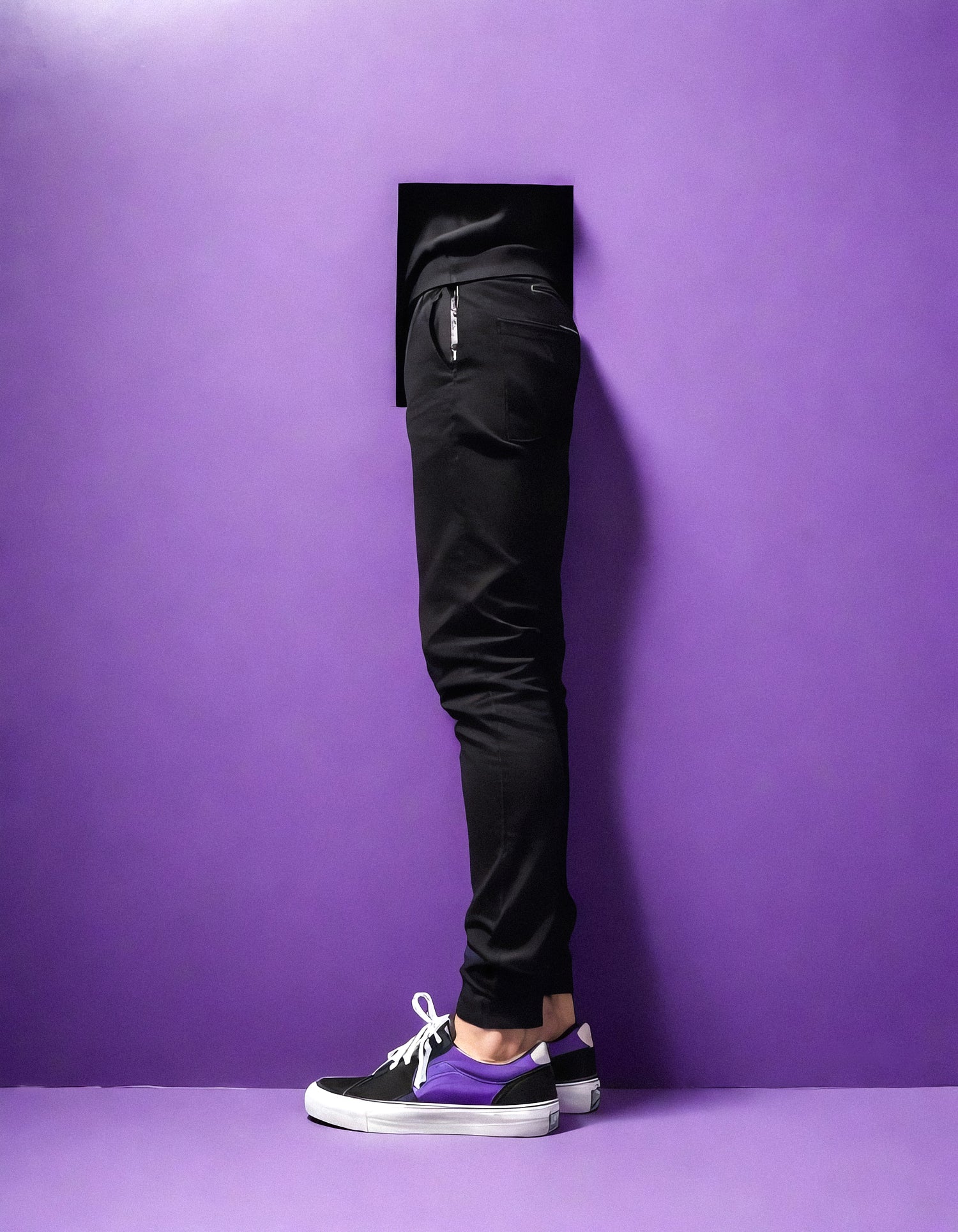 A creative representation of a person standing against a purple wall with an unusual cutout at waist height, in an artistic indoor setting