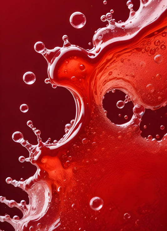 Abstract close-up of red liquid with bubbles and droplets, showcasing the interplay of colors and textures in a vibrant manner. Generative AI