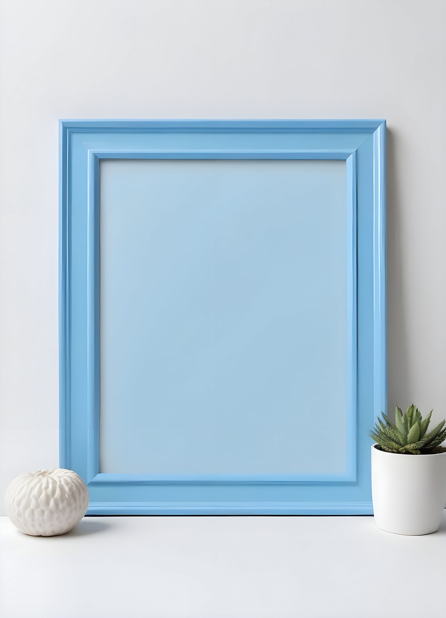 Bright blue empty picture frame against a minimalist background inviting creativity and personal expression in home decor