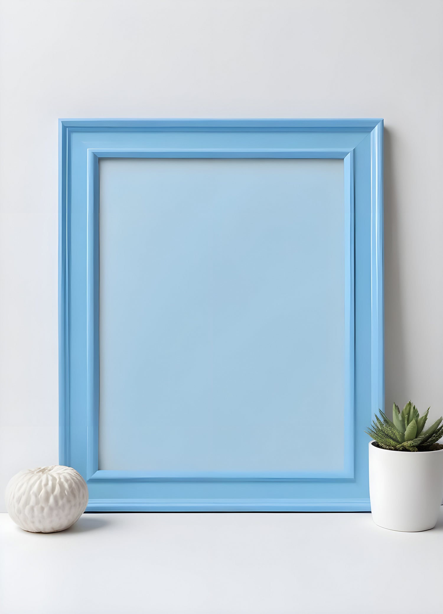 Bright blue empty picture frame against a minimalist background inviting creativity and personal expression in home decor