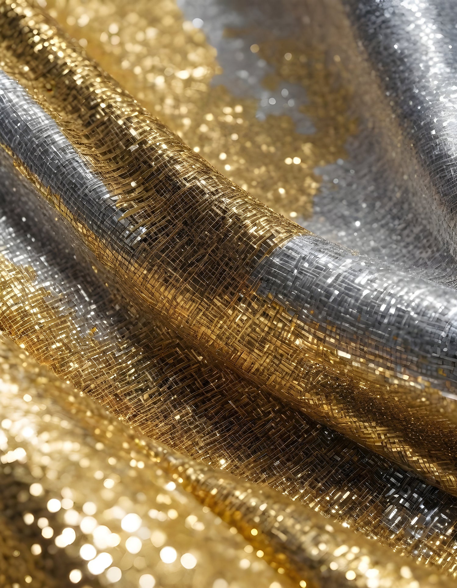 Shimmering gold and silver fabrics layered together in a luxurious arrangement during daylight