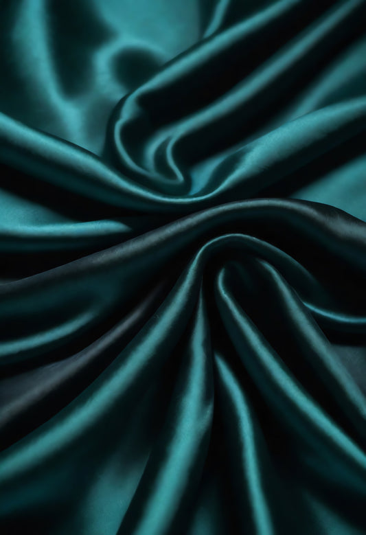 Luxurious deep teal silk fabric draped in soft folds, highlighting the smooth texture and rich color in natural light