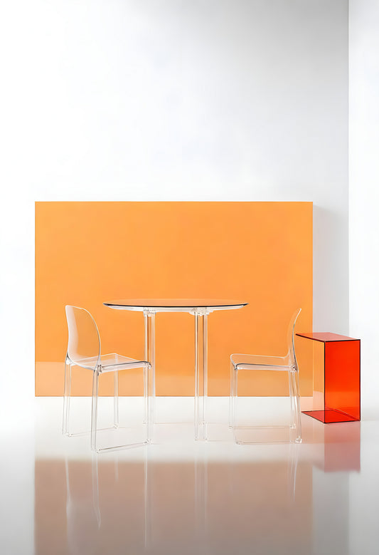 Modern transparent furniture set with a round table and two chairs against a vibrant orange backdrop in a minimalist interior