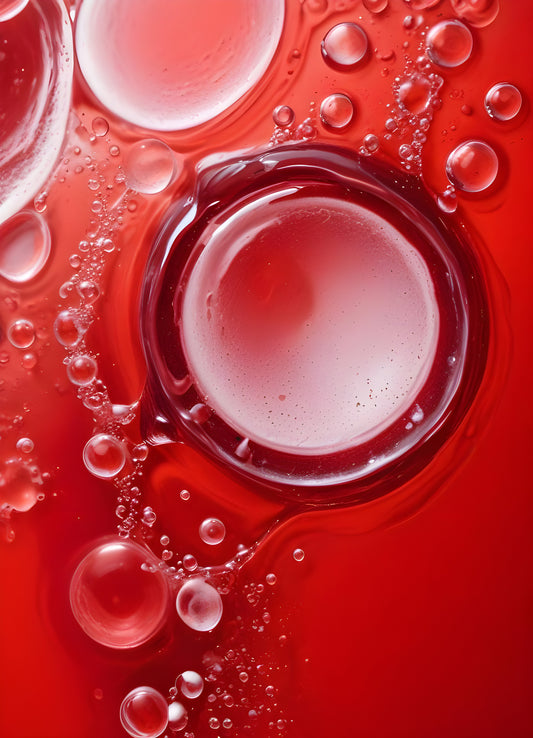 Abstract close-up of red liquid with bubbles and droplets, showcasing the interplay of colors and textures in a vibrant manner. Generative AI