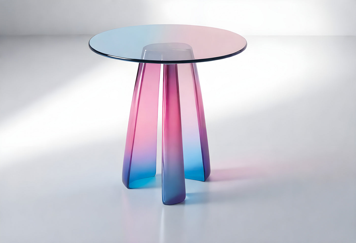 Colorful modern side table with a round glass top and gradient acrylic legs in a bright indoor setting