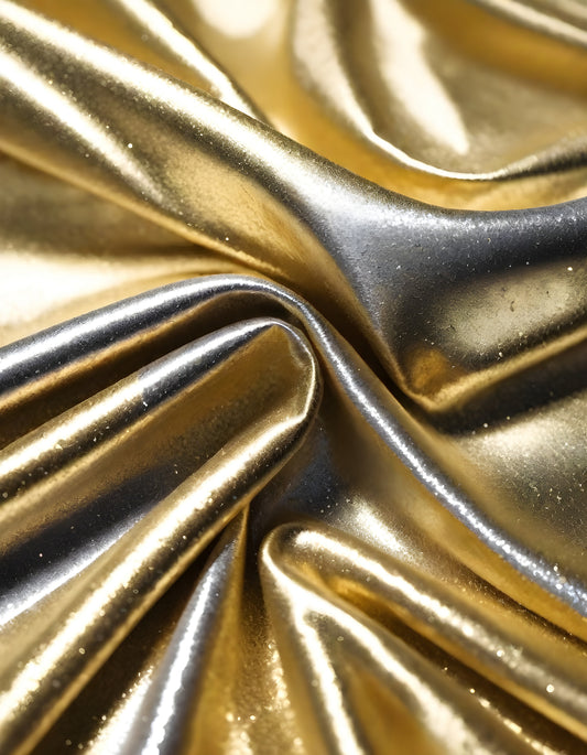 Metallic golden and silver fabric creates elegant textures with intricate folds and reflections under soft lighting