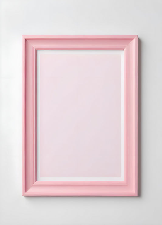 A blank pink frame hanging on a white wall, perfect for displaying artwork or photographs in a stylish setting