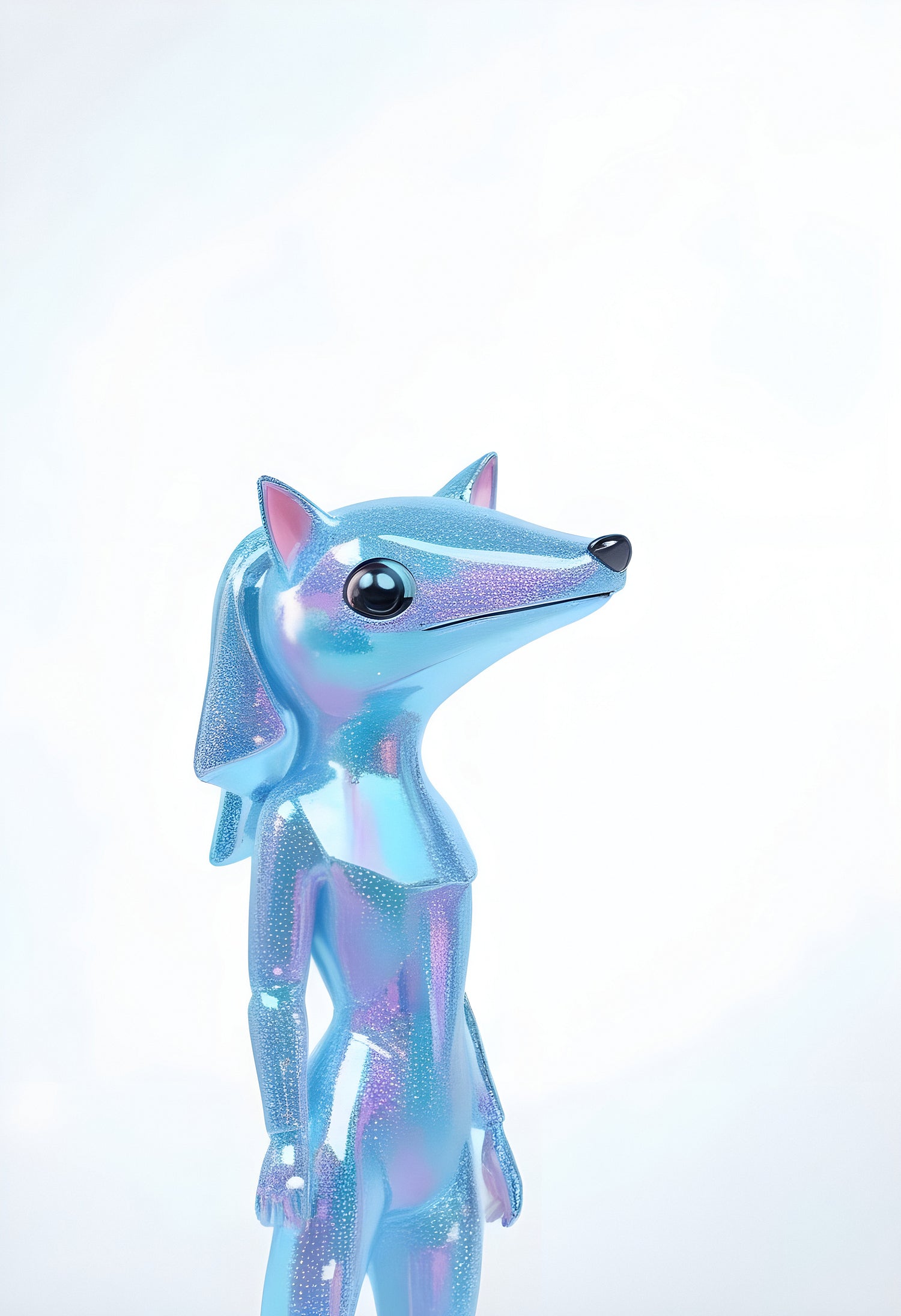 A shiny blue wolf figurine standing upright against a white background, showcasing its playful design and unique reflective texture