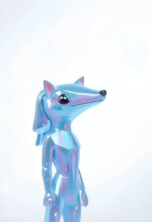 A shiny blue wolf figurine standing upright against a white background, showcasing its playful design and unique reflective texture