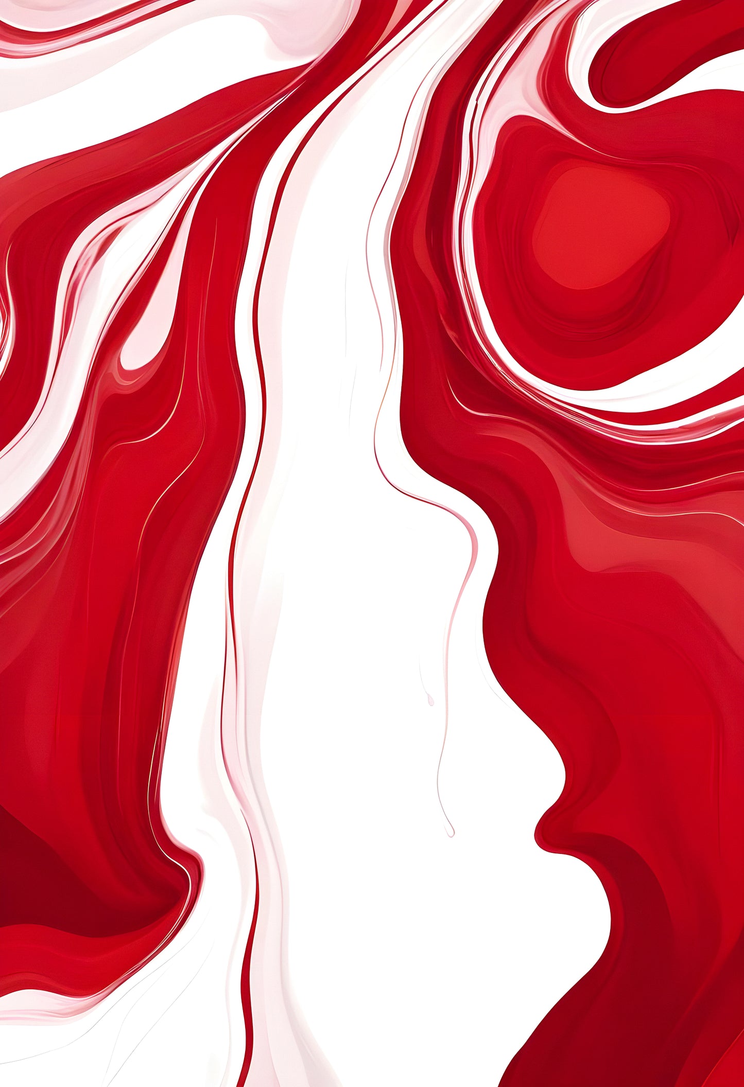 Abstract red and white fluid art showcasing dynamic swirls and patterns