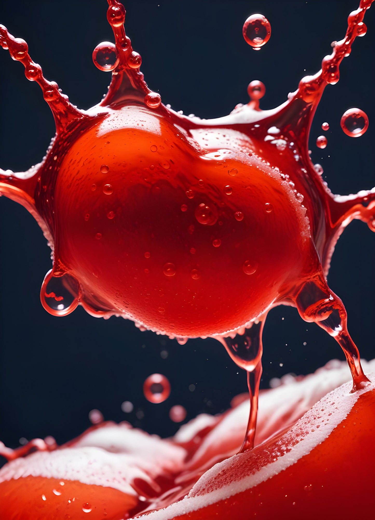 Abstract close-up of red liquid with bubbles and droplets, showcasing the interplay of colors and textures in a vibrant manner. Generative AI