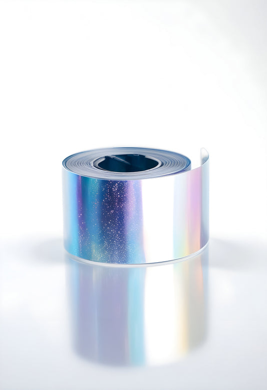 Shiny holographic tape roll reflecting light in a bright setting, showcasing vibrant colors and surface texture