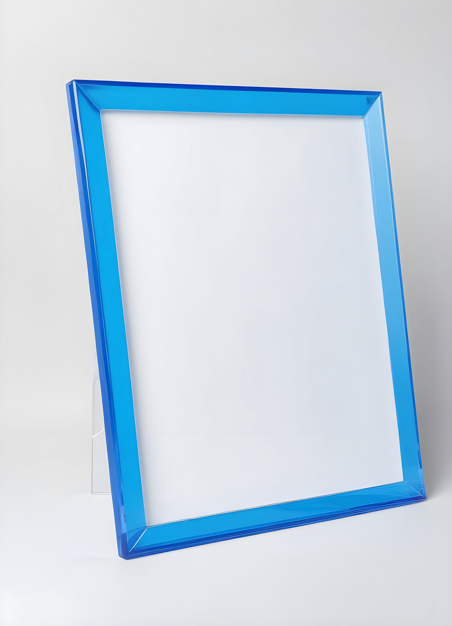 Empty blue-framed display board ready for presentation in a clean, bright space