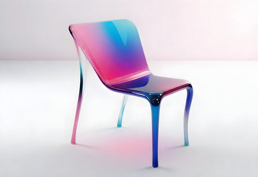 Modern transparent chair with a gradient design in a minimalist space, showcasing its sleek shape and vibrant colors