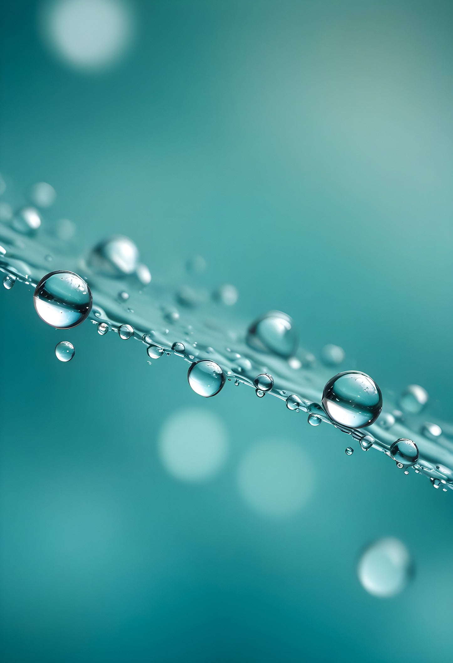 Water droplets on a thin surface with a blurred turquoise background amidst soft light reflections. Generative AI