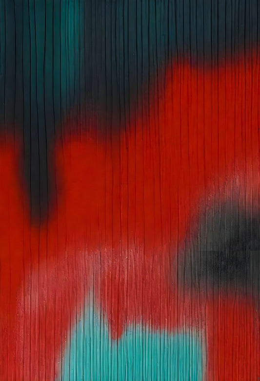 Abstract mural with vibrant red and teal patterns on a textured surface