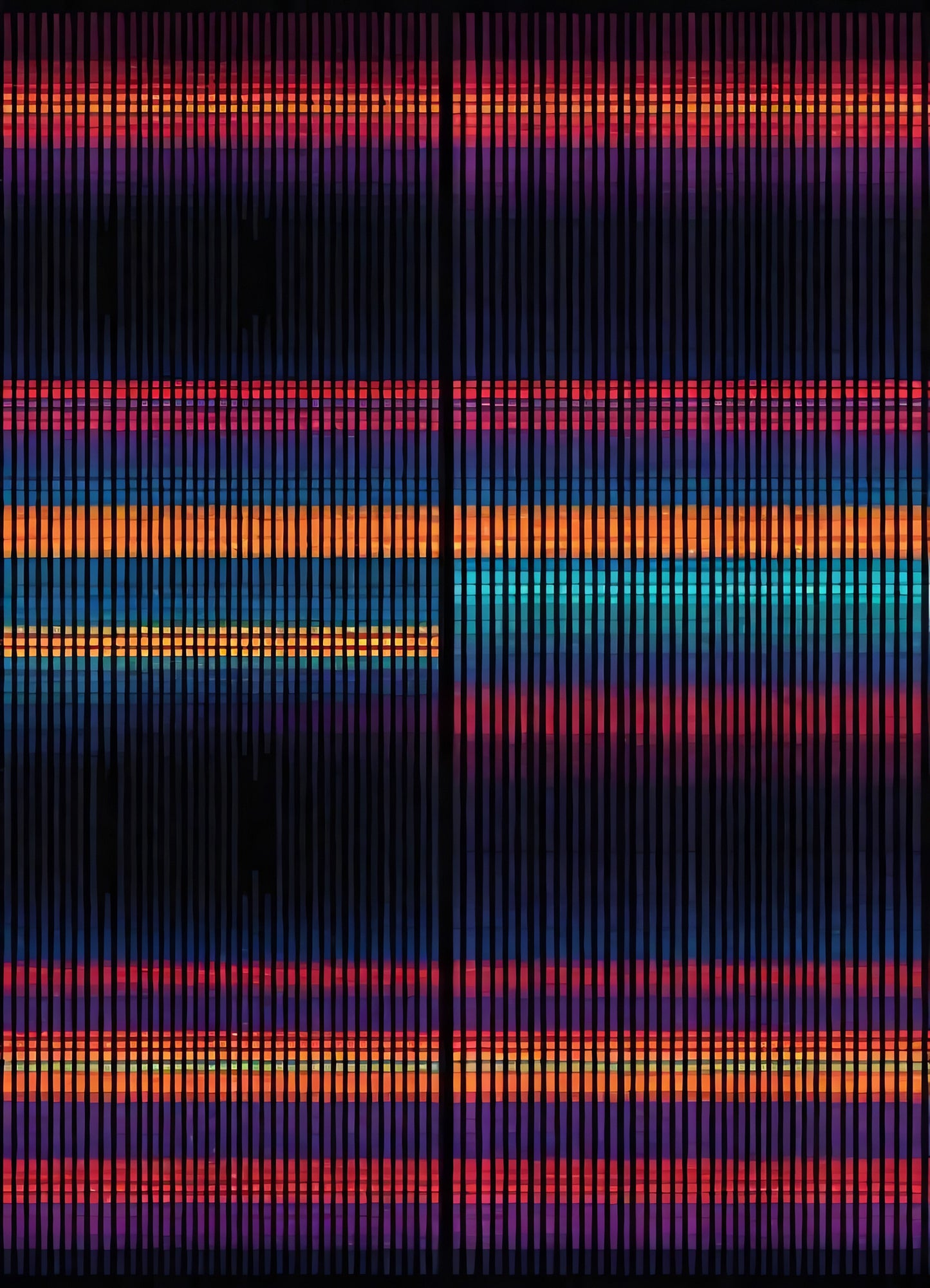 Colorful abstract patterns created by sound wave frequencies displayed in a visual representation at a modern art exhibit