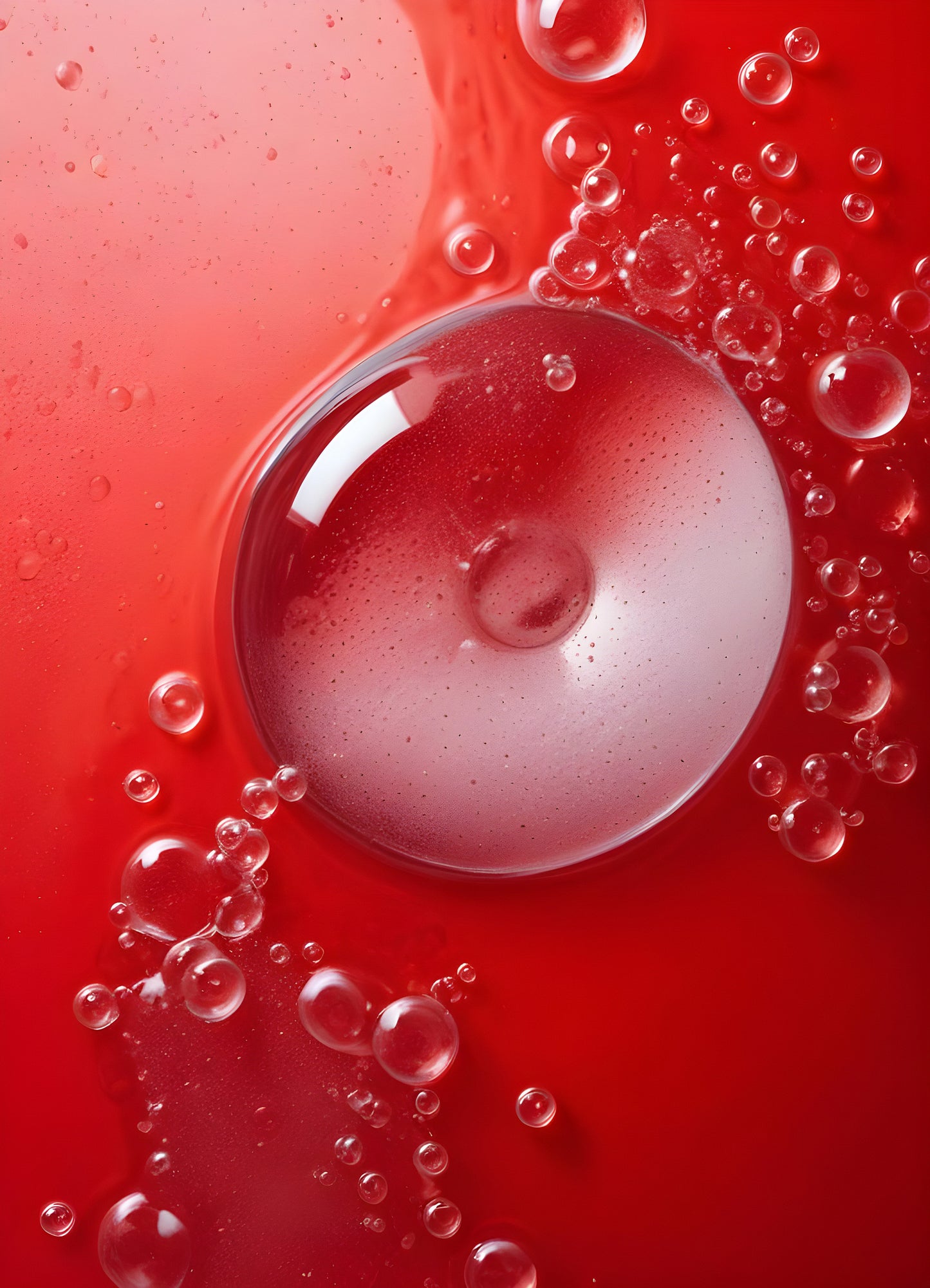 Abstract close-up of red liquid with bubbles and droplets, showcasing the interplay of colors and textures in a vibrant manner. Generative AI