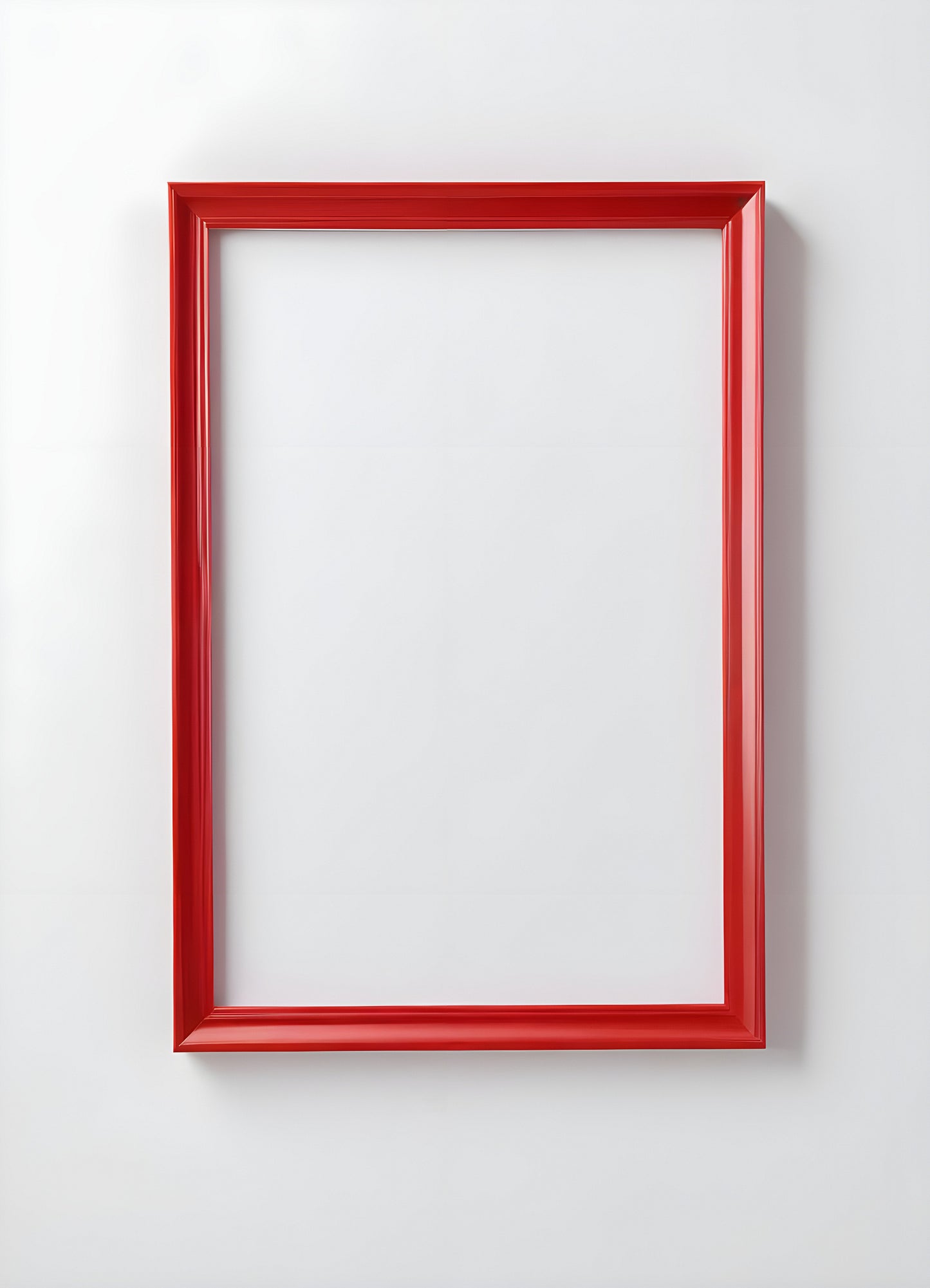 A bright red frame on a plain white wall, perfect for displaying artwork or photographs in a modern interior setting