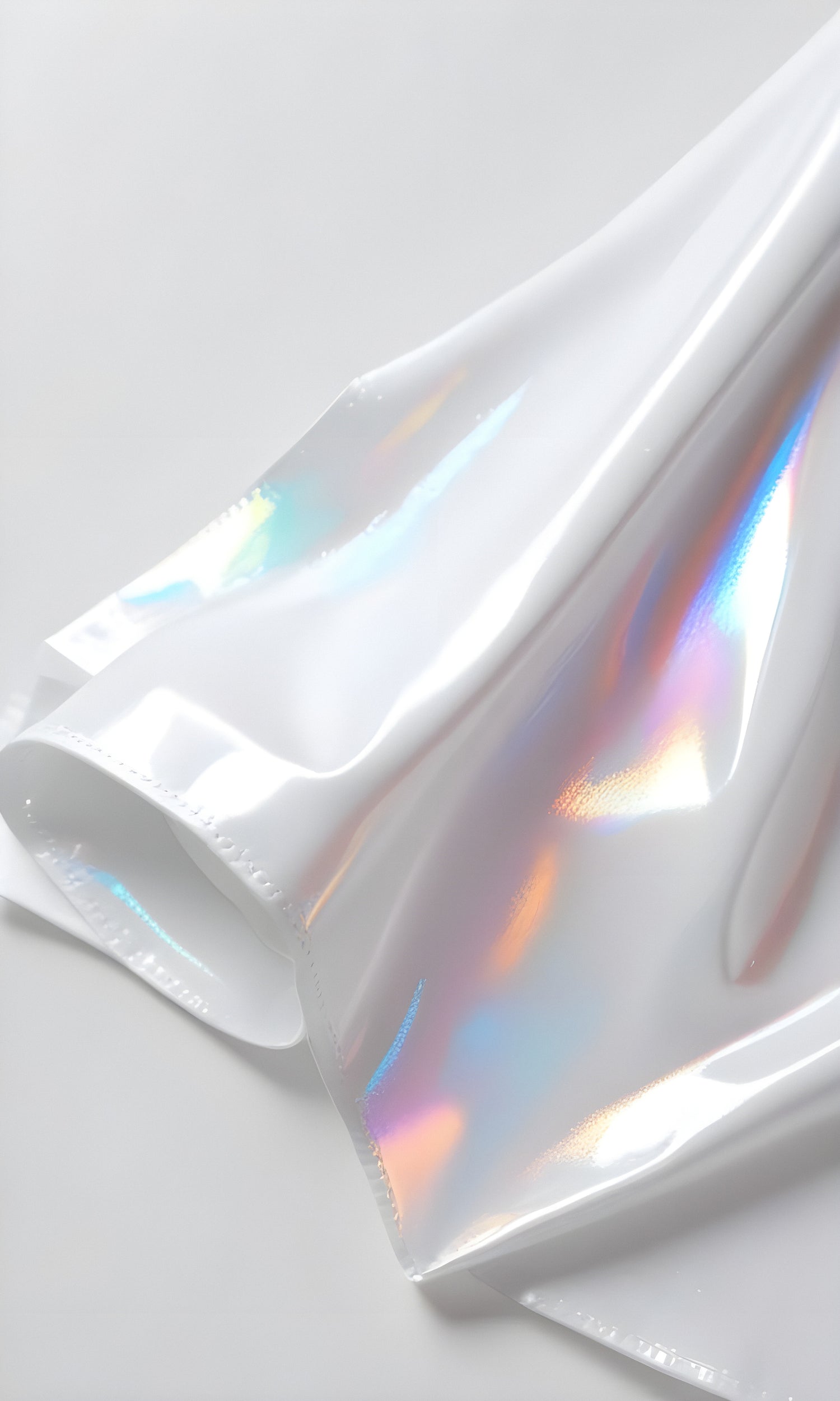 Shimmering holographic white fabric draped elegantly on a light surface showcasing soft reflections and colors under gentle lighting