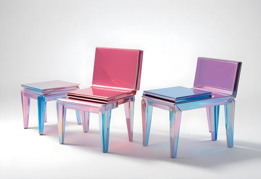 Colorful transparent chairs arranged artistically on a minimalist background showcasing modern design aesthetics