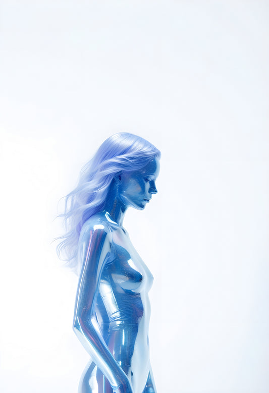 A futuristic mannequin with flowing hair stands against a minimalist white backdrop in a modern art installation