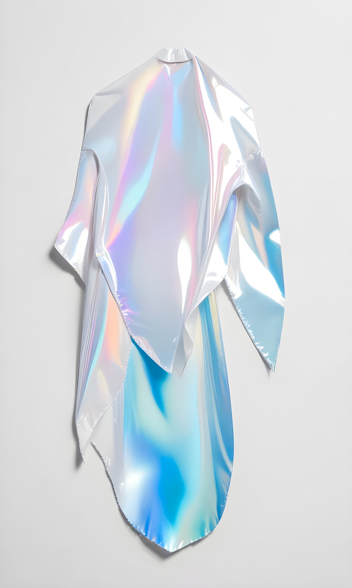 A shimmering, iridescent garment hanging against a plain wall showcasing a modern design and vibrant colors with a futuristic touch