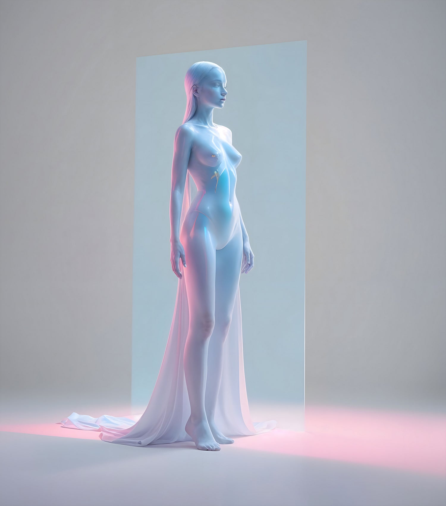 A futuristic humanoid figure stands elegantly in a soft-lit space with translucent fabric flowing around it, creating a serene atmosphere