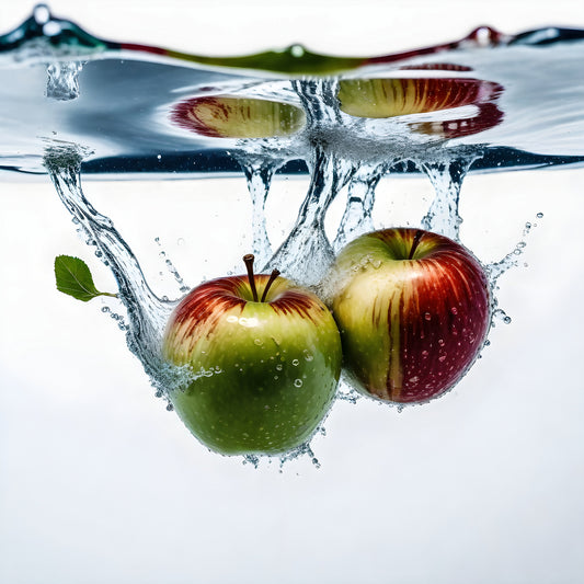 Fresh apples splash into clear water creating ripples and bubbles in a captivating underwater moment