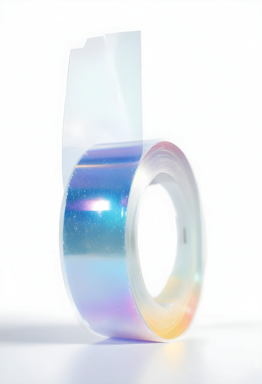 Colorful holographic tape on a white background showcasing its vibrant shine and unique texture, ideal for crafts and decorative projects