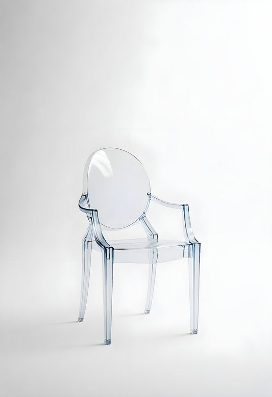 Clear contemporary chair design showcased against a minimal white background for modern interior inspiration