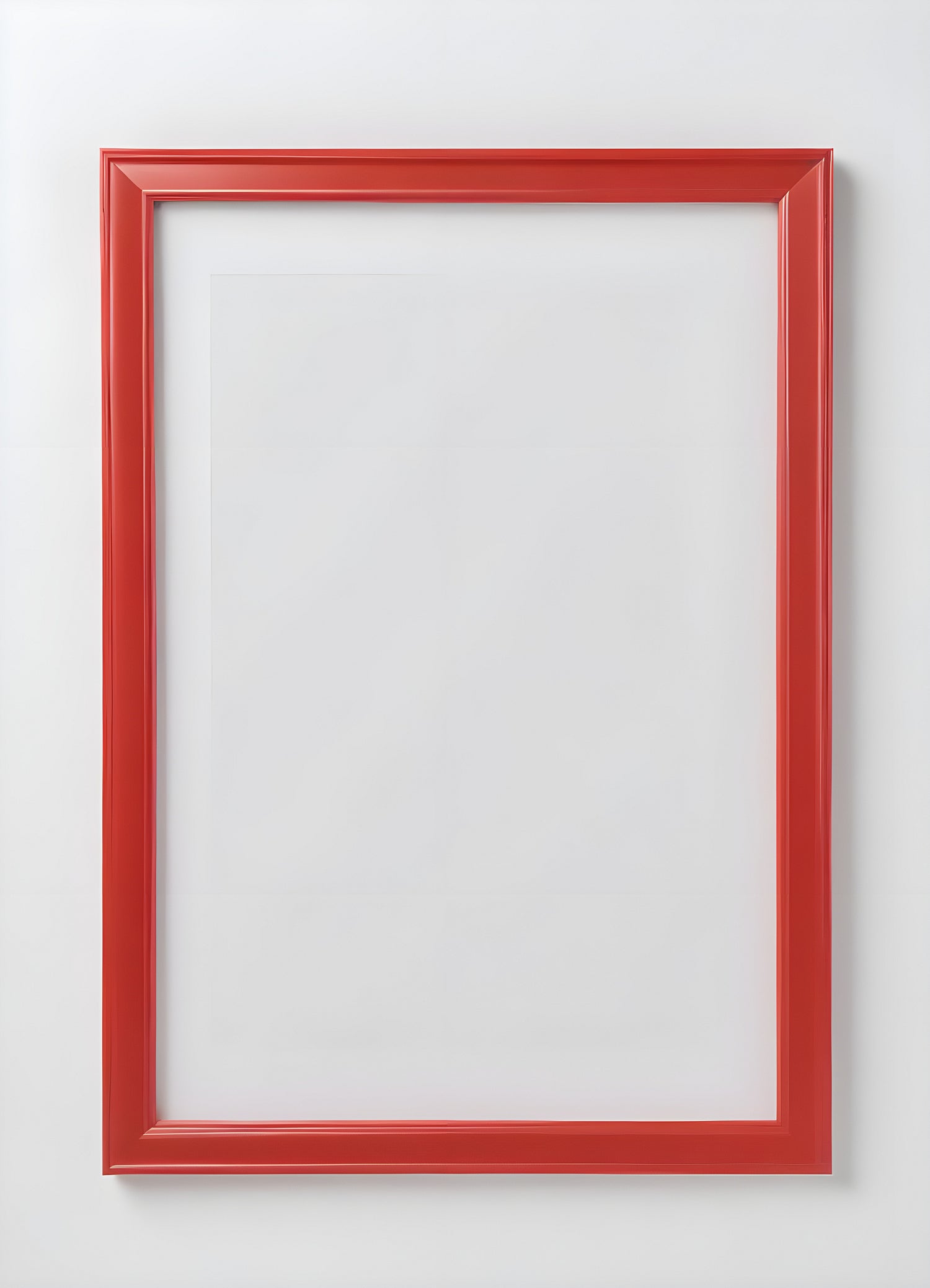 Empty red and white frame placed on a white shelf against a light gray wall, showcasing its modern design and simplicity