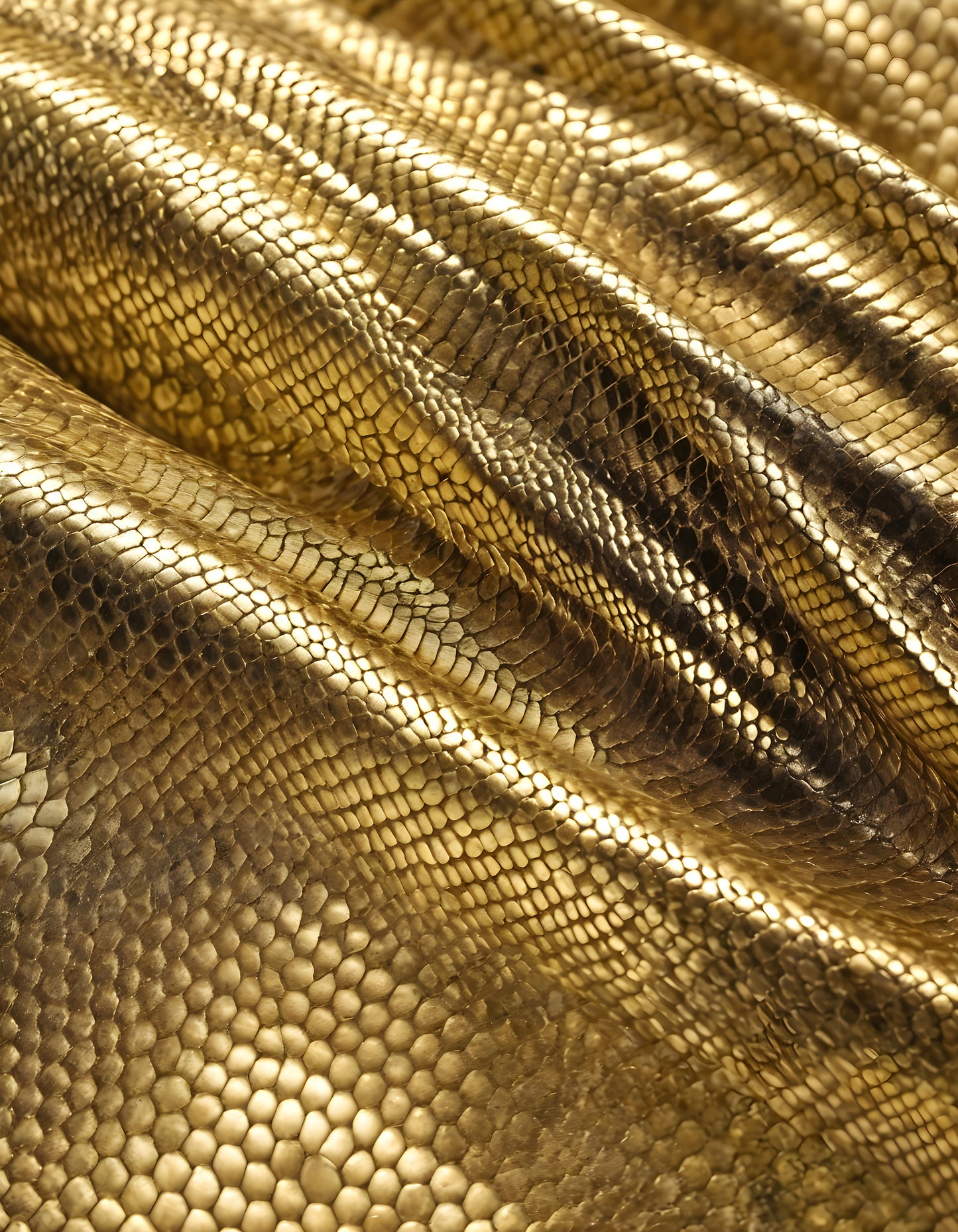 Shimmering golden fabric with a snake skin texture elegantly draped under soft light in a textured display