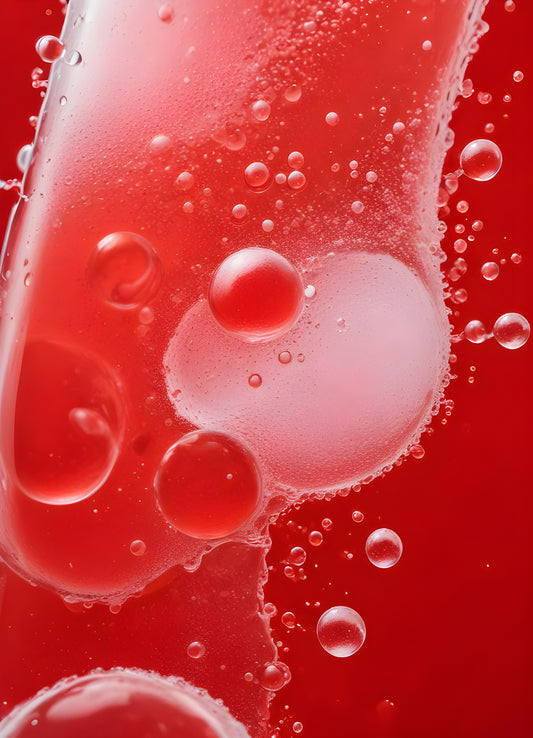 Abstract close-up of red liquid with bubbles and droplets, showcasing the interplay of colors and textures in a vibrant manner. Generative AI