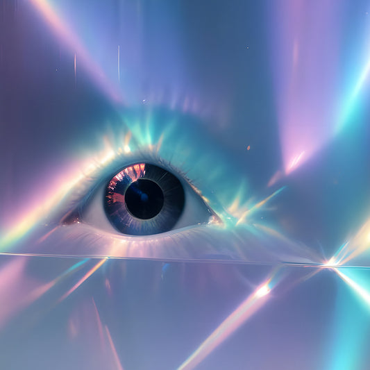 A close-up view of a human eye surrounded by colorful reflections and light patterns, showcasing vibrant hues and details of the iris