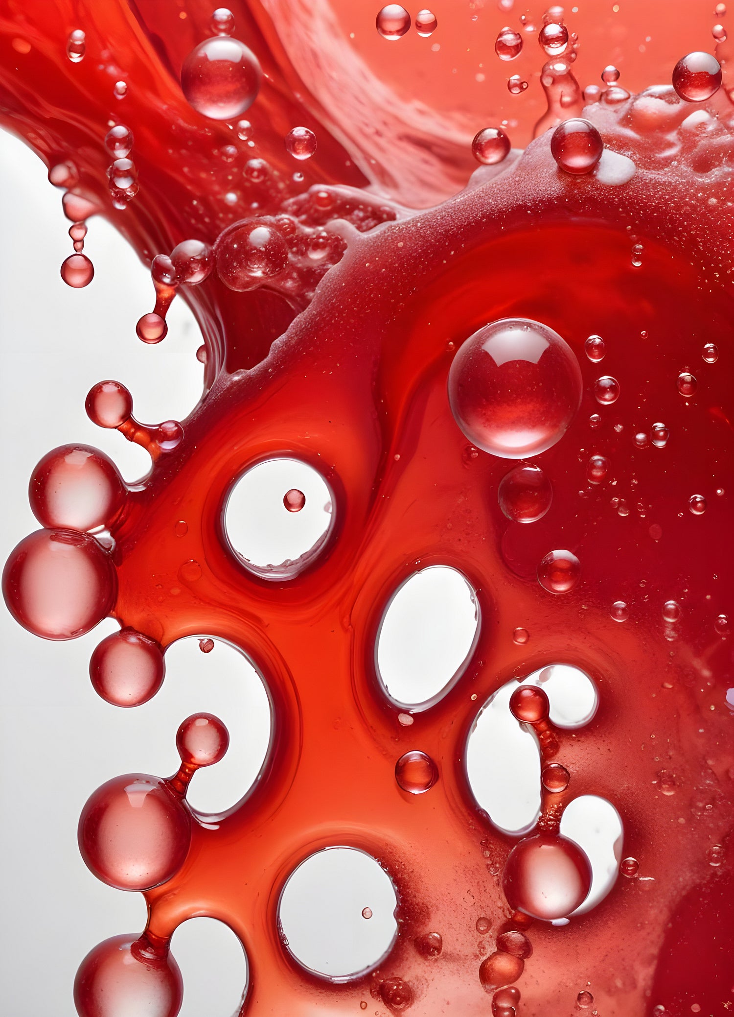 Abstract close-up of red liquid with bubbles and droplets, showcasing the interplay of colors and textures in a vibrant manner. Generative AI