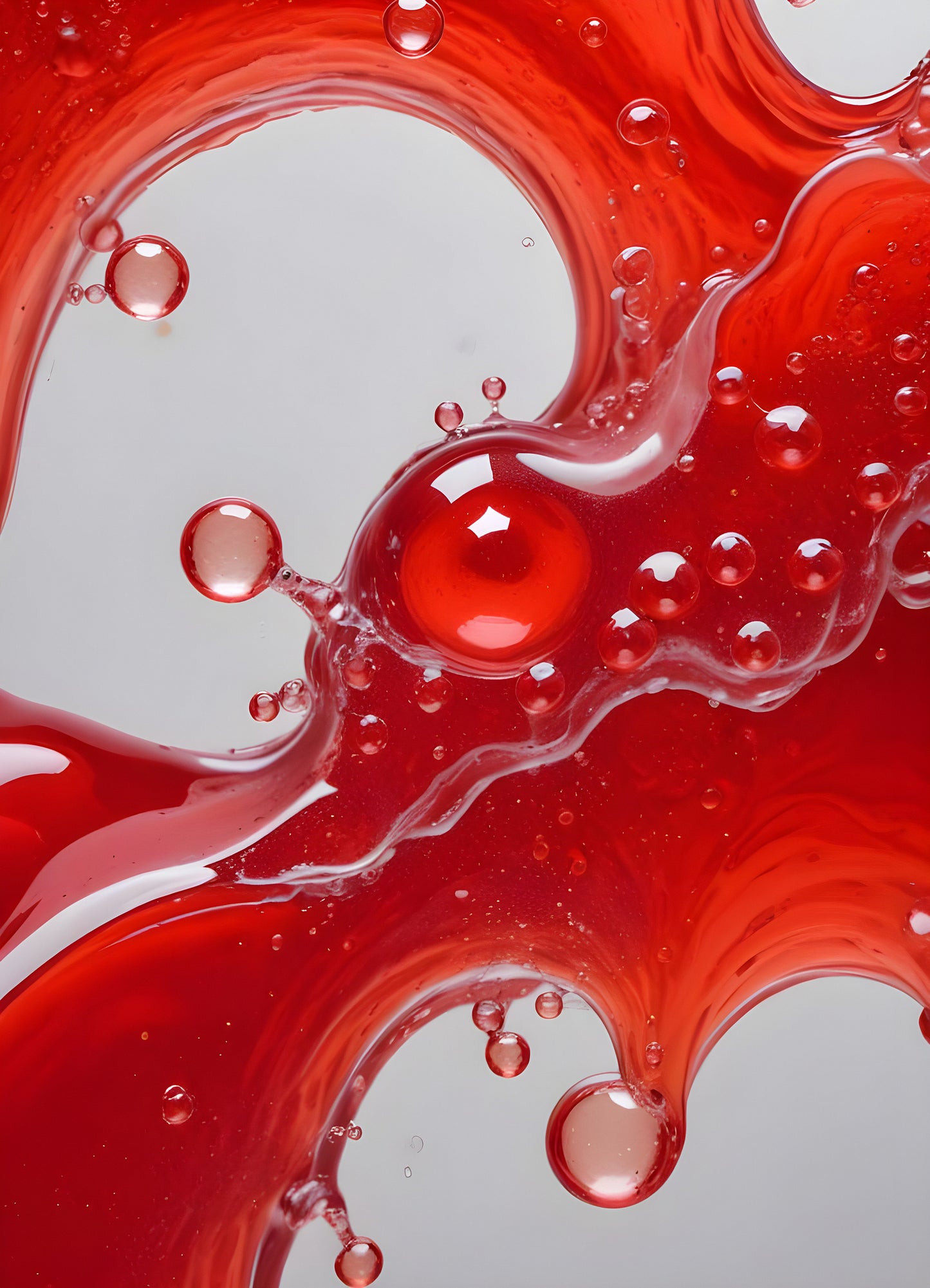 Abstract close-up of red liquid with bubbles and droplets, showcasing the interplay of colors and textures in a vibrant manner. Generative AI